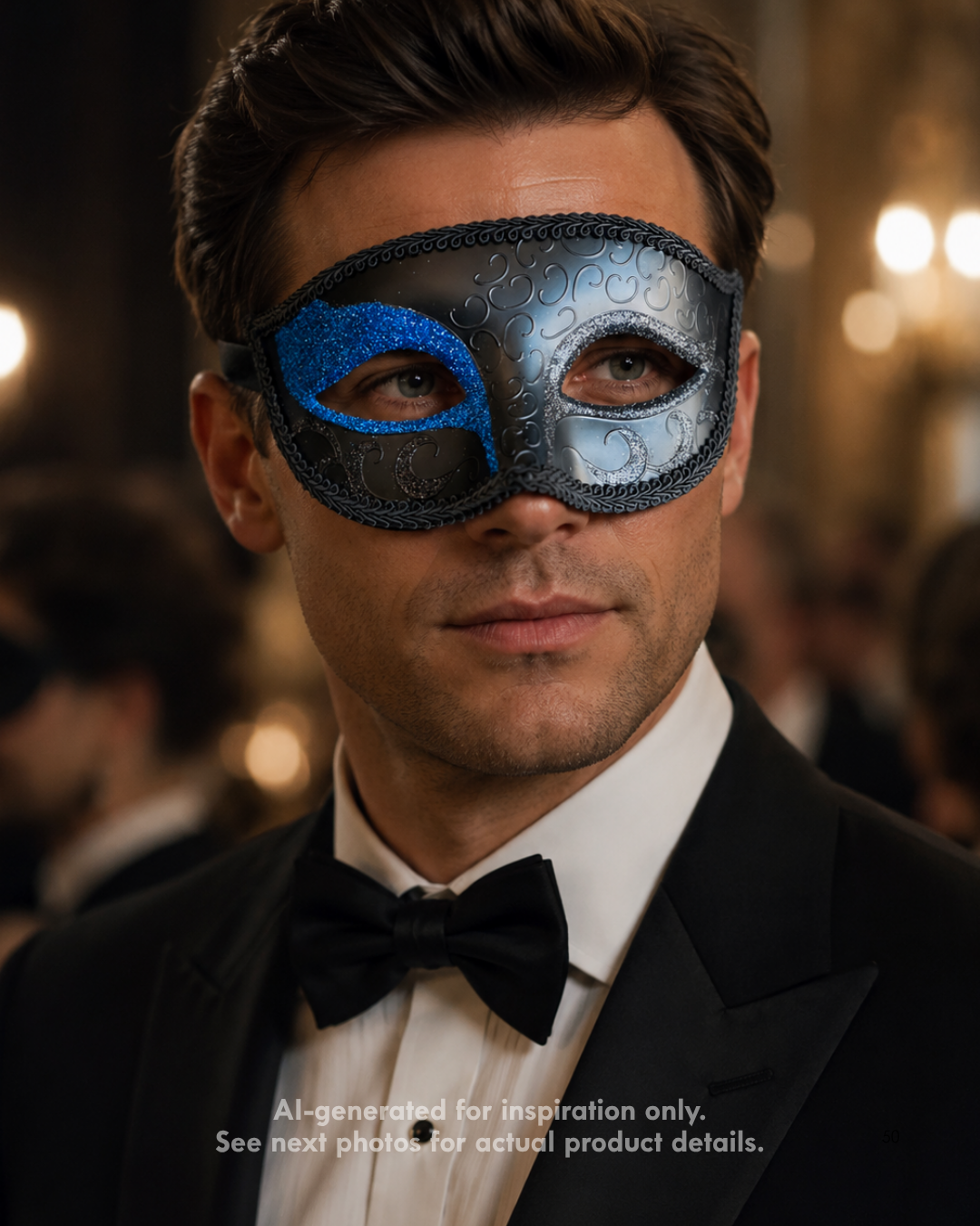Sapphire Nocturne men’s masquerade mask with black base, sapphire blue glitter eye accent glitter detailing, raised scroll patterns, and ribbon ties.