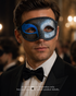 Sapphire Nocturne men’s masquerade mask with black base, sapphire blue glitter eye accent glitter detailing, raised scroll patterns, and ribbon ties.