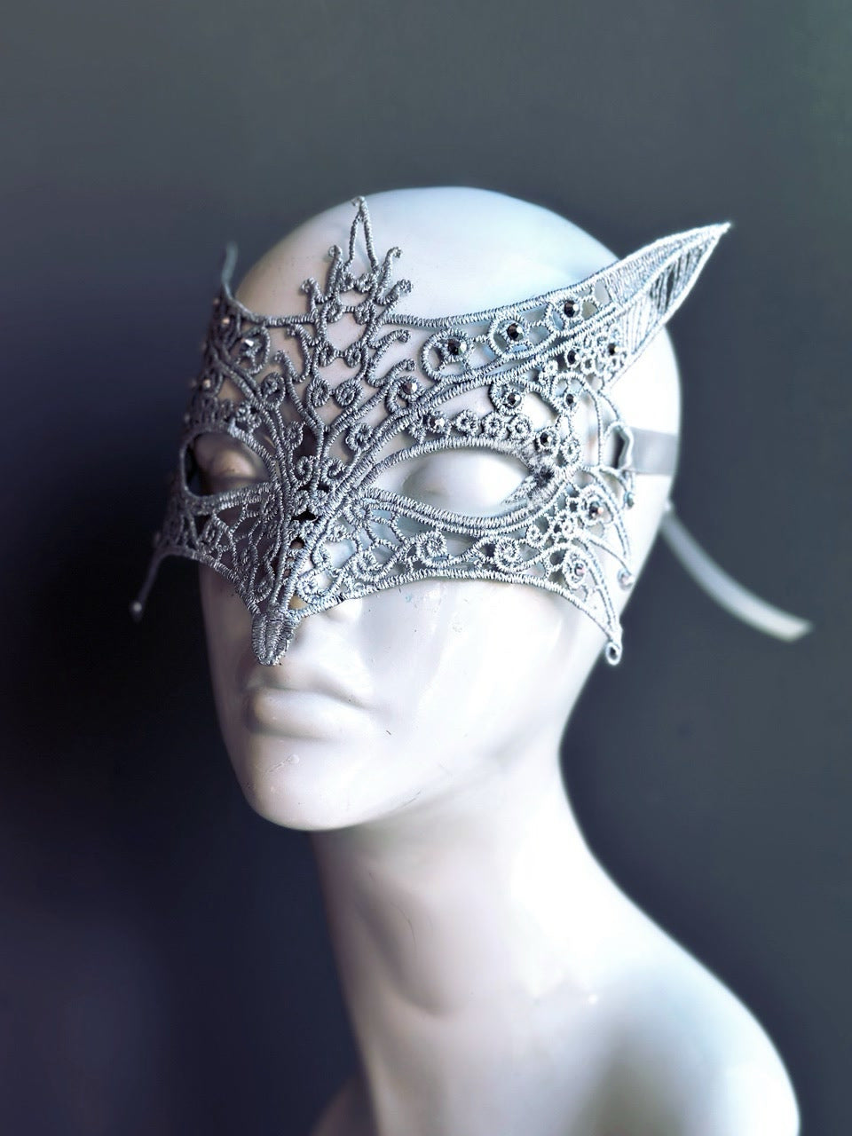 Silver Fox Lace Mask With Metallic  Rhinestone