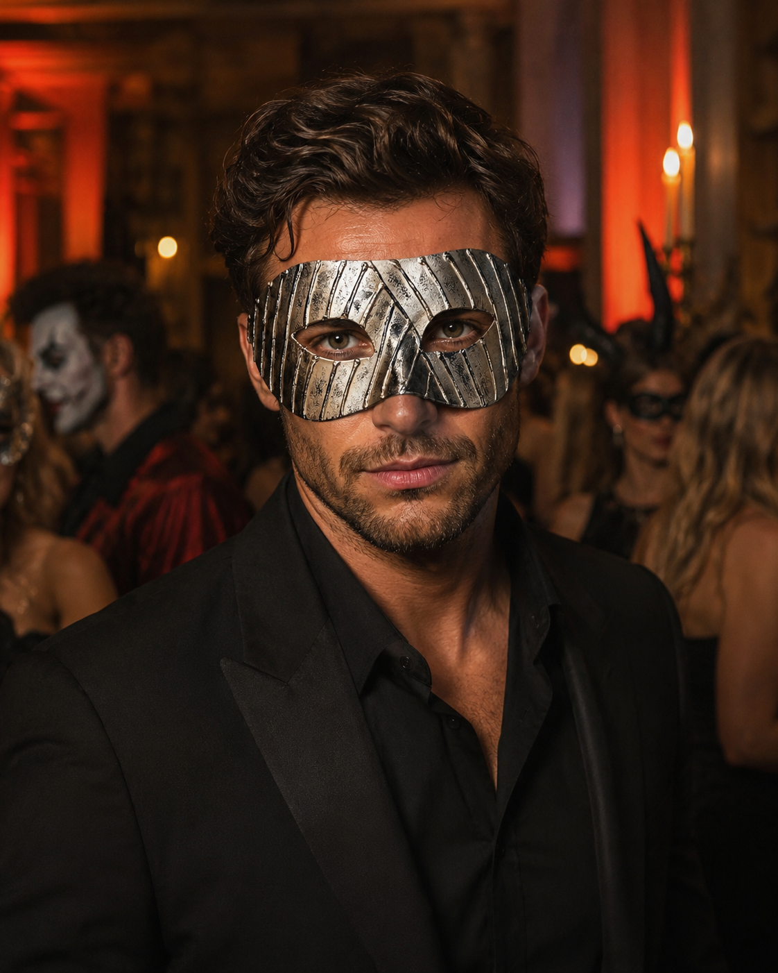 Silver and black men’s masquerade mask with raised diagonal stripe texture, distressed metallic finish, almond eye openings, and ribbon ties.