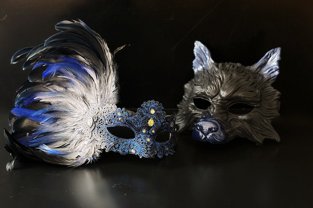 Silver blue and black couple masquerade mask set with wolf mask and feather lace mask for masquerade events.