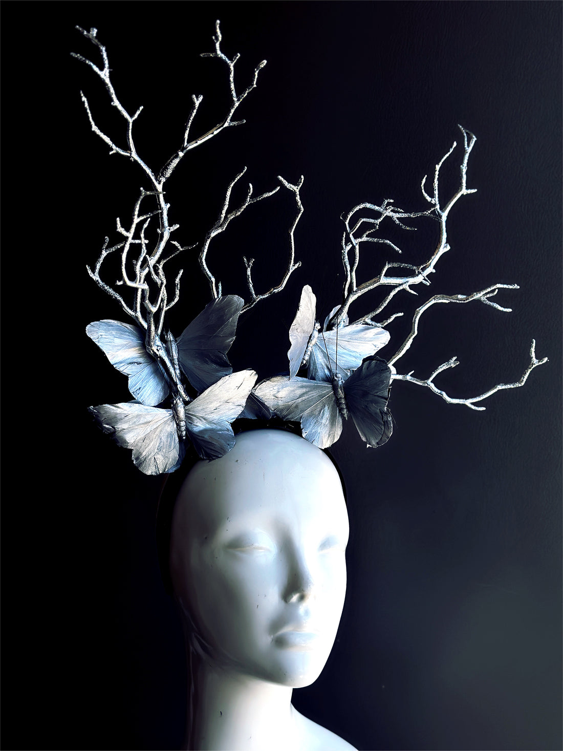 Silver butterfly masquerade headpiece with branch crown design for woodland fairy or fantasy costumes