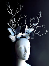 Silver butterfly masquerade headpiece with branch crown design for woodland fairy or fantasy costumes