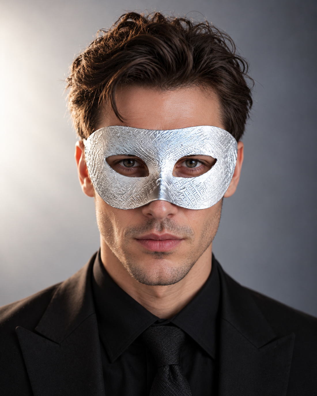 Silver Glacier Masquerade Mask with shimmering metallic silver finish, embossed geometric texture, and classic Venetian eye openings.