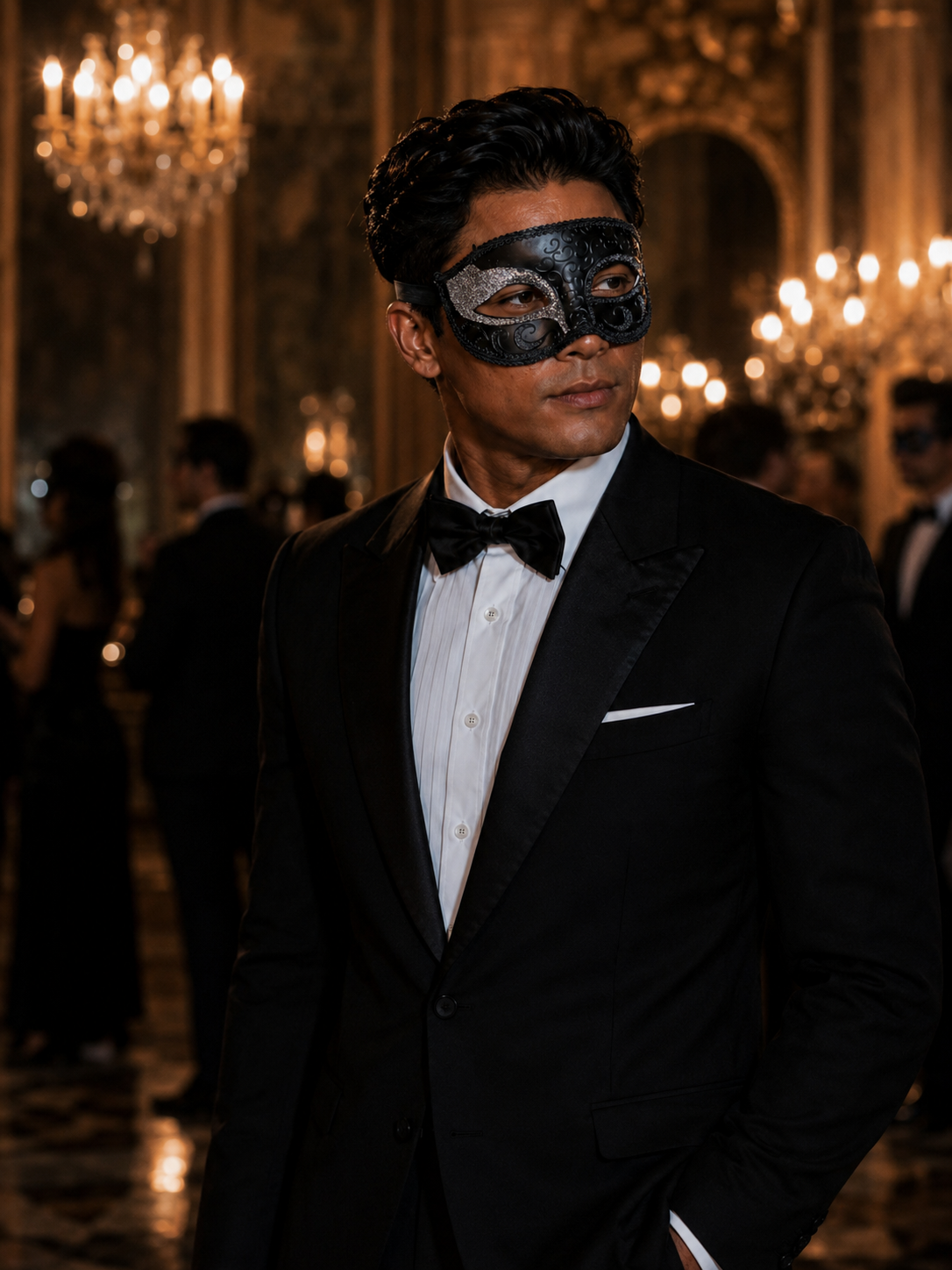 Silver Glitter Nocturne black masquerade mask with silver glitter eye accents, raised scroll patterns, braided trim, almond eye openings, and ribbon ties.
