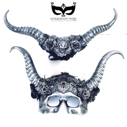 Bold silver couples masquerade masks featuring dramatic long curved horns adorned with intricate floral accents, perfect for fantasy balls, theatrical performances, and Venetian masquerades.