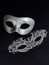Silver metallic couples masquerade masks featuring a sleek men’s mask and a delicate lace women’s mask, ideal for Venetian balls, weddings, and formal celebrations.
