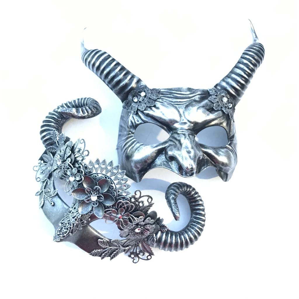 Horned silver masquerade masks for fantasy couples costume or gothic themed events