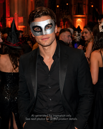 Silver Shroud men’s masquerade mask with black eye-shadow detailing, metallic-look half-face shape, sculpted nose bridge, and formal styling.