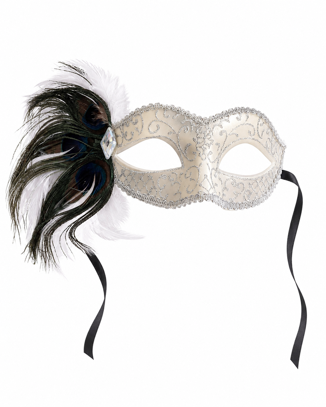 Peacock Mask - White and Silver