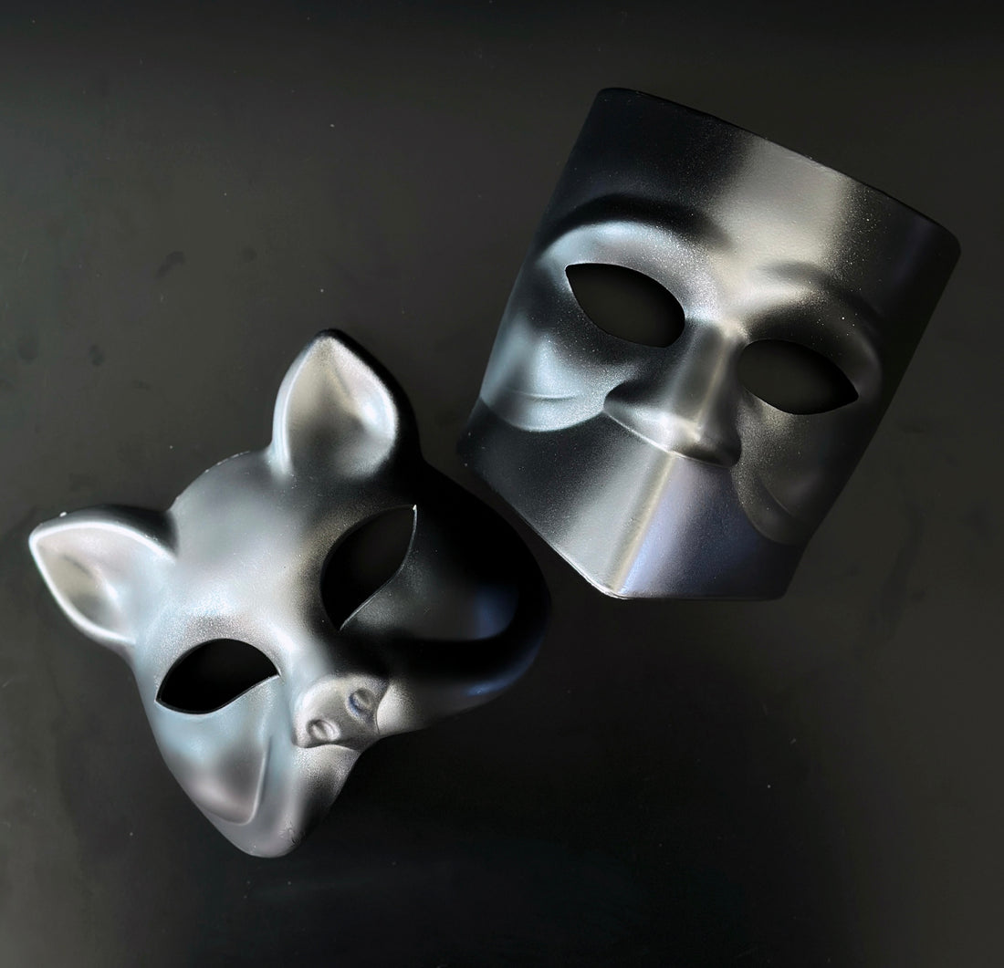 Silver cat mask and modern geometric masquerade mask set for costume events.