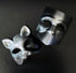 Silver cat mask and modern geometric masquerade mask set for costume events.