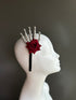 Gothic skeleton hand headband with red rose and jeweled nails Halloween fascinator.