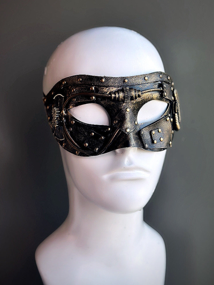 Industrial-style masquerade mask with mechanical accents and edgy design