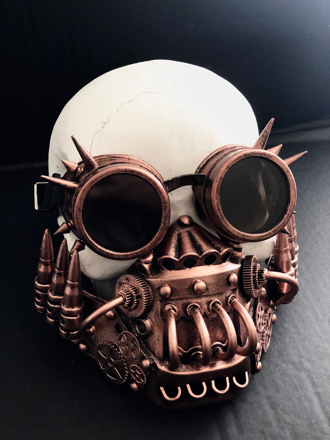 Steampunk respirator mouth guard with spike goggles in copper for sale.