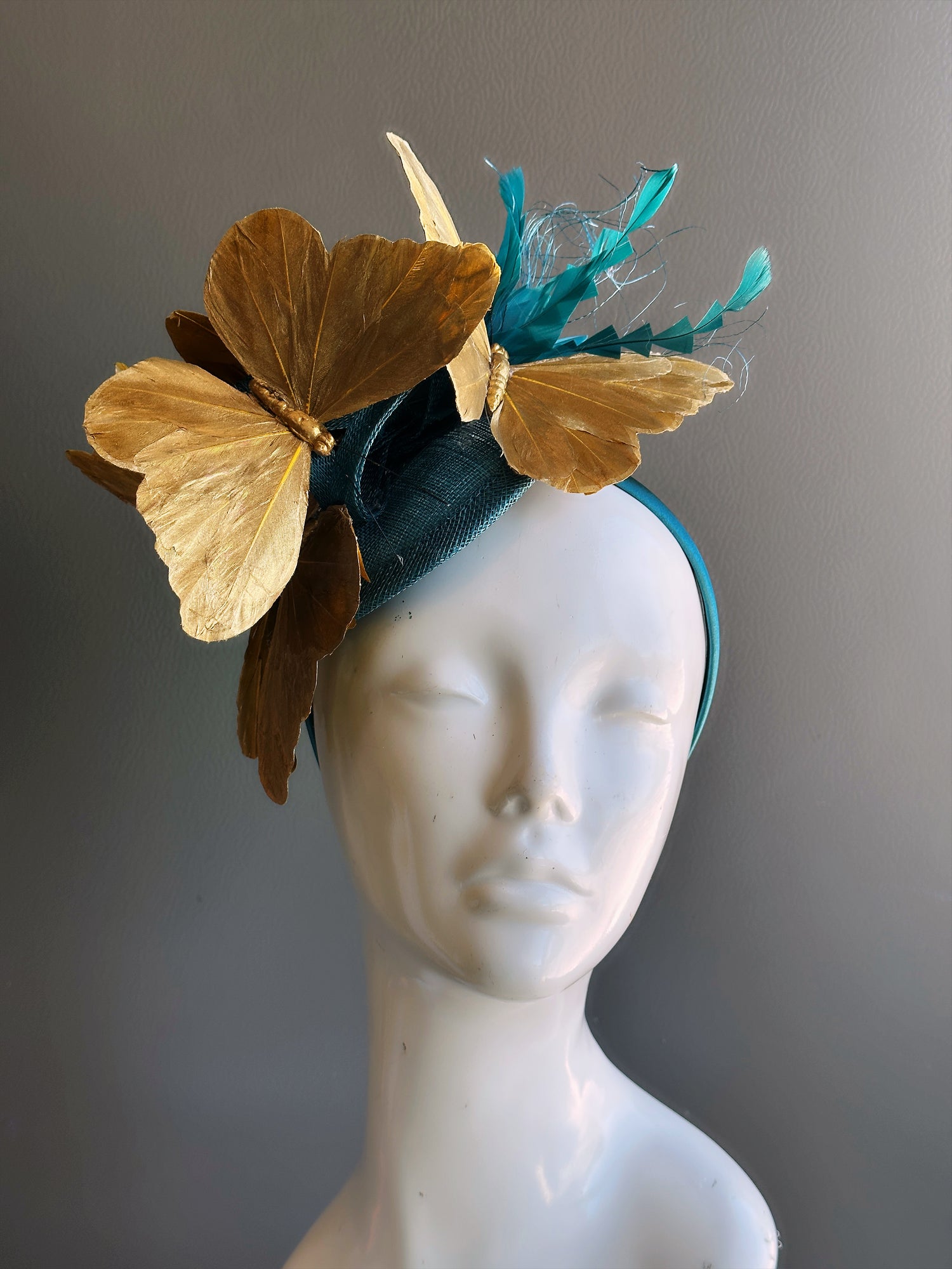 Tea Party Hat Butterfly Fascinator Teal Gold