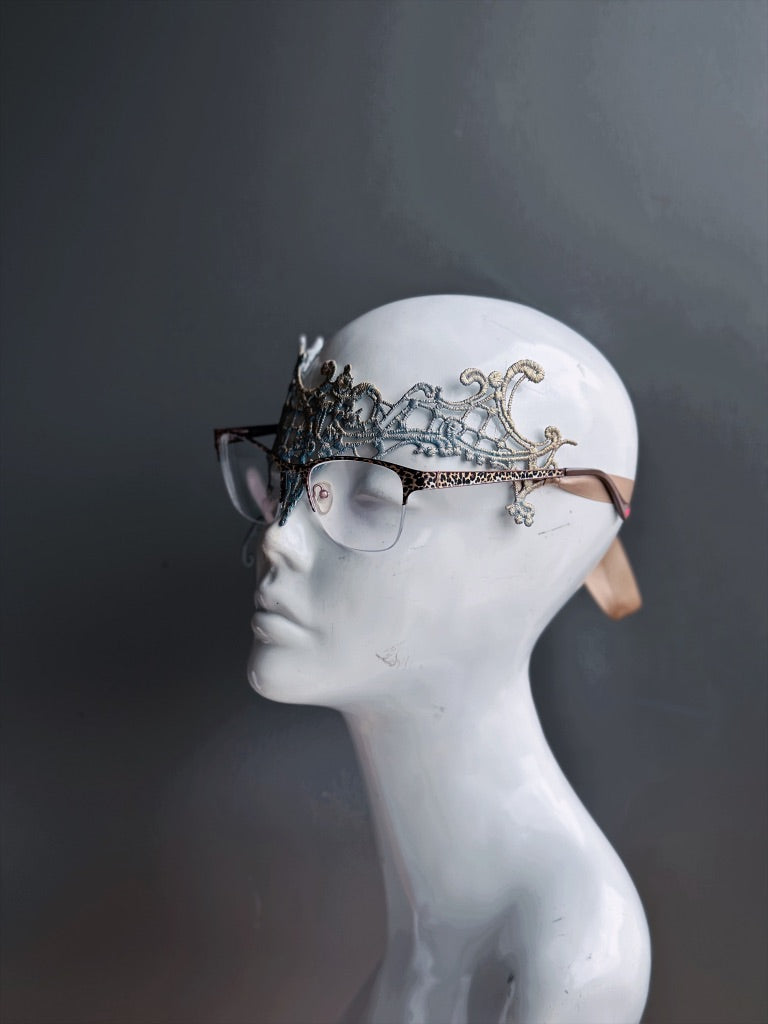 French Blue &amp; Gold Lace Eyeglass Mask