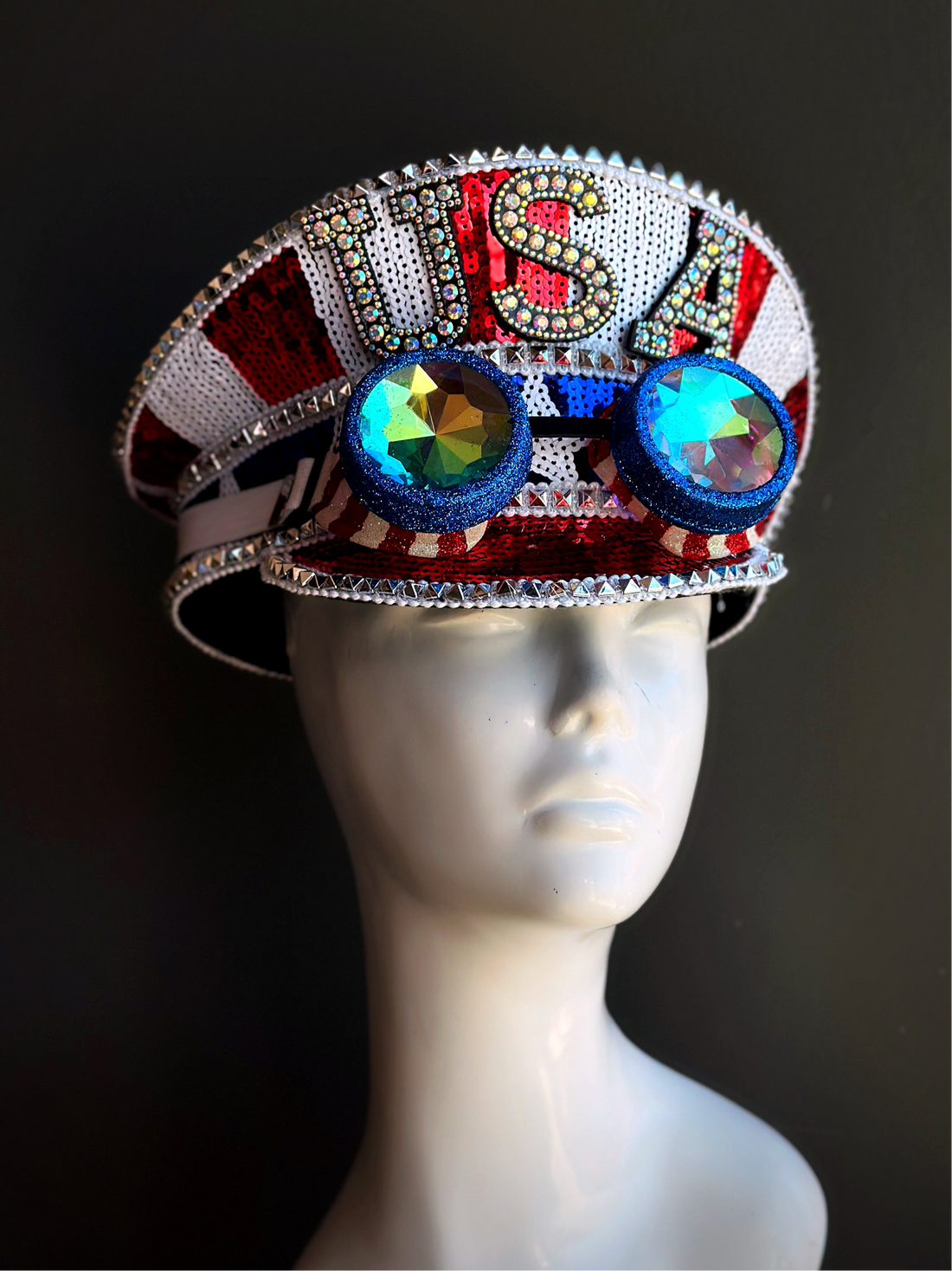  Patriotic masquerade captain hat with crystal embellishments and holographic lenses