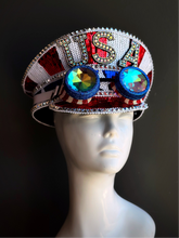  Patriotic masquerade captain hat with crystal embellishments and holographic lenses