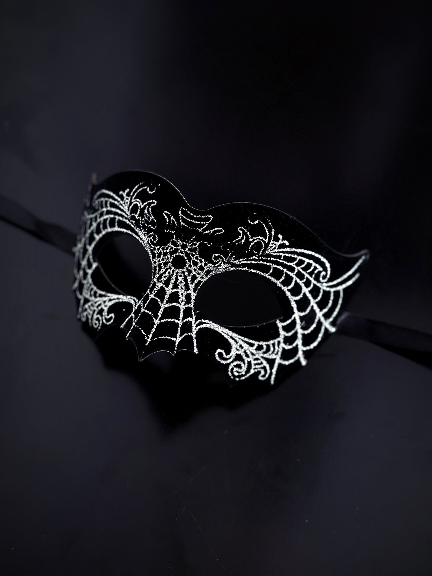 Unisex masquerade mask in black with a silver design.