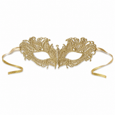 Gold lace masquerade mask with openwork embroidered design, small crystal accent, and gold ribbon ties for weddings, prom, galas, and formal events.