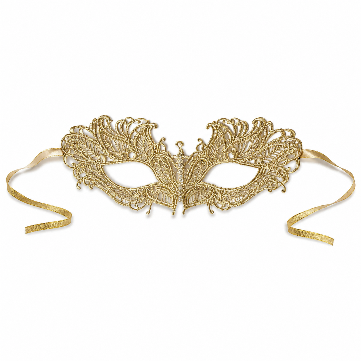 Gold lace masquerade mask with openwork embroidered design, small crystal accent, and gold ribbon ties for weddings, prom, galas, and formal events.