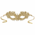 Gold lace masquerade mask with openwork embroidered design, small crystal accent, and gold ribbon ties for weddings, prom, galas, and formal events.
