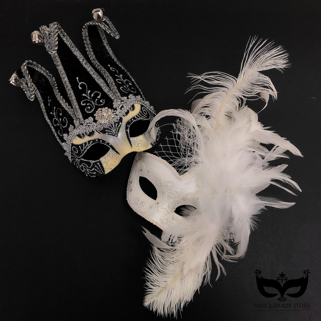 Venetian couples masquerade mask set with black silver jester mask with bells for men and white lace pearl feather mask for women.