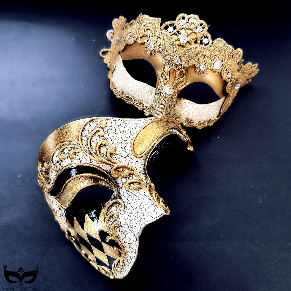 Venetian gold couples masquerade mask set with lace crystal crown and baroque crackle mask, perfect for masquerade balls and weddings.