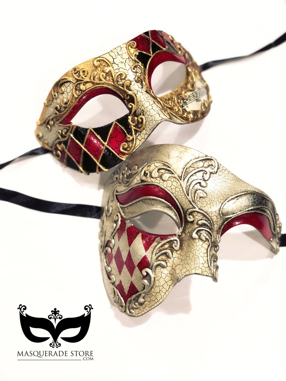 Venetian couples masquerade mask set with gold red black and silver red harlequin designs for Carnival and Mardi Gras.