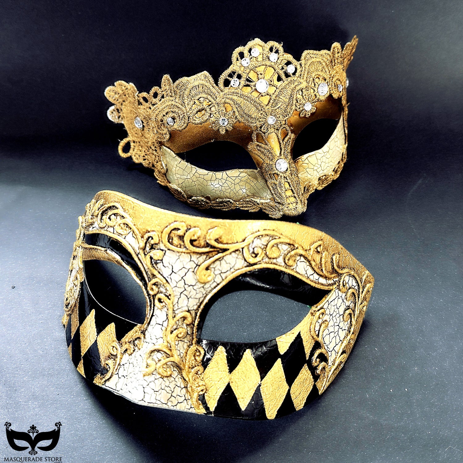 Venetian gold couples masquerade mask set with jeweled lace crown mask and harlequin diamond mask, perfect for prom, carnival, and masquerade balls.