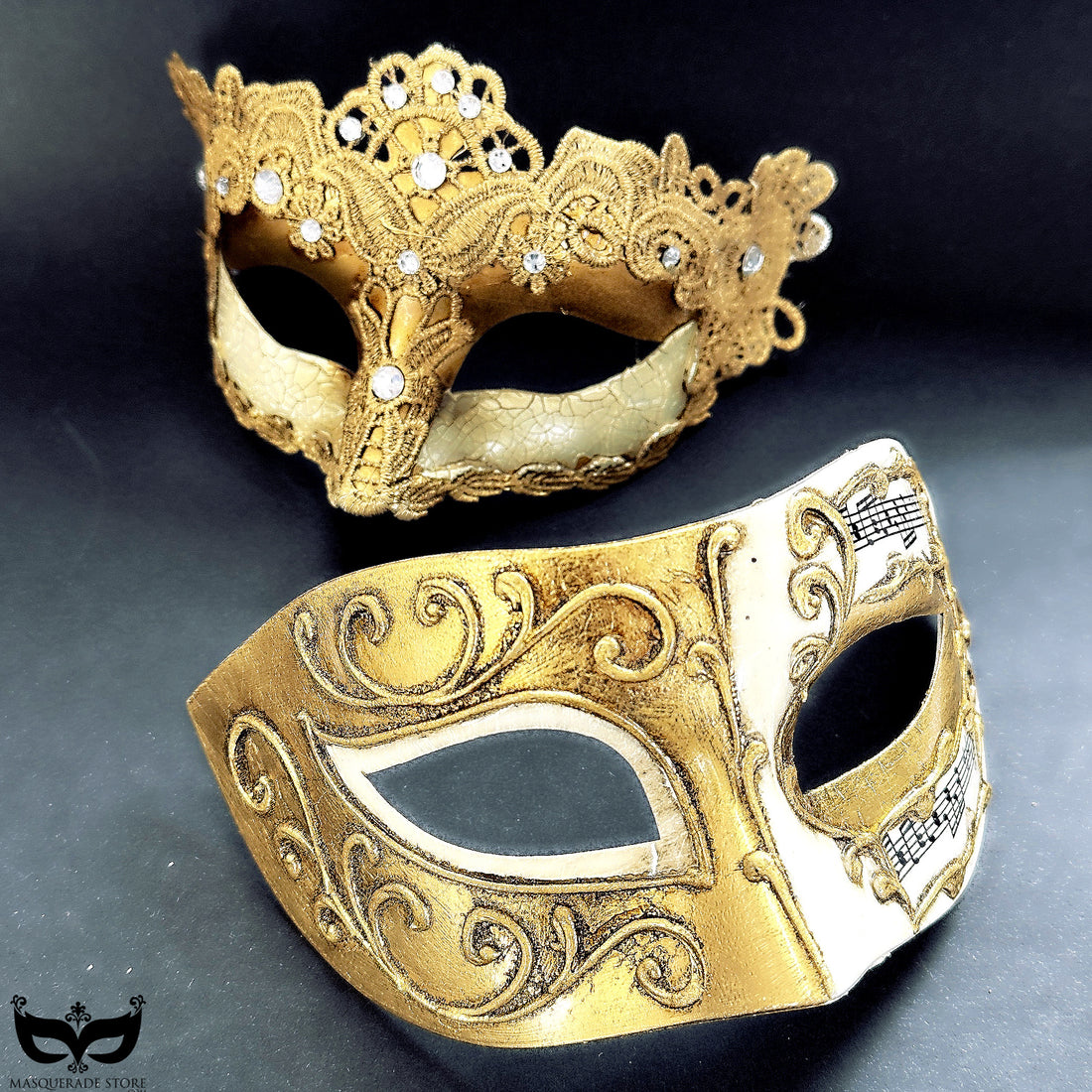 Venetian gold couples masquerade mask set with lace crown mask and music note baroque mask, perfect for opera, carnival, prom, and masquerade balls.
