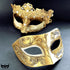 Venetian gold couples masquerade mask set with lace crown mask and music note baroque mask, perfect for opera, carnival, prom, and masquerade balls.