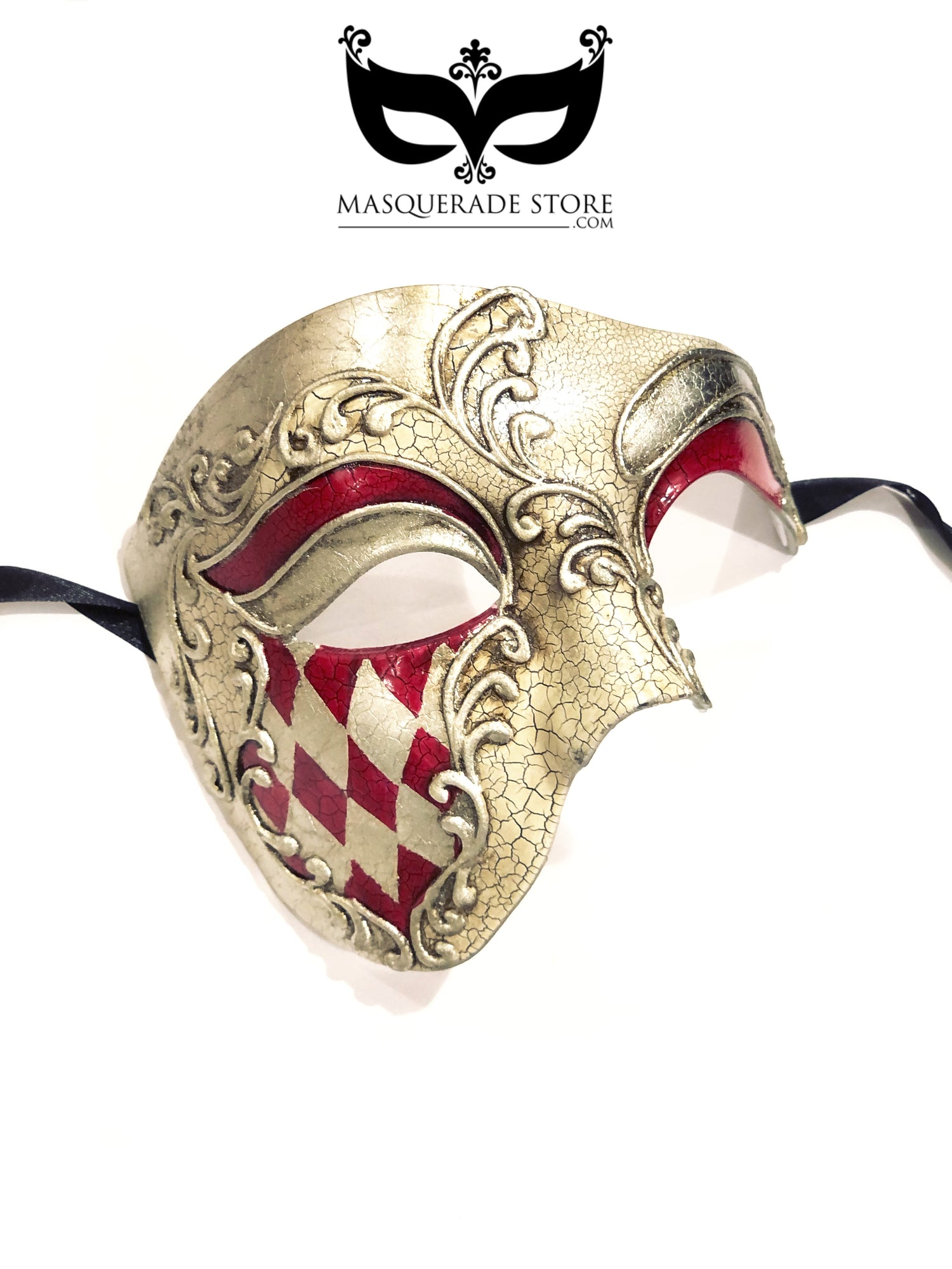 Venetian silver masquerade mask with red phantom for Carnival and Mardi Gras.