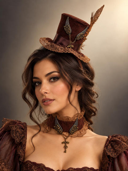 Brown Victorian steampunk mini top hat fascinator with antique bronze mechanical wings, chains, lace-trimmed brim, tall feather, and headband.