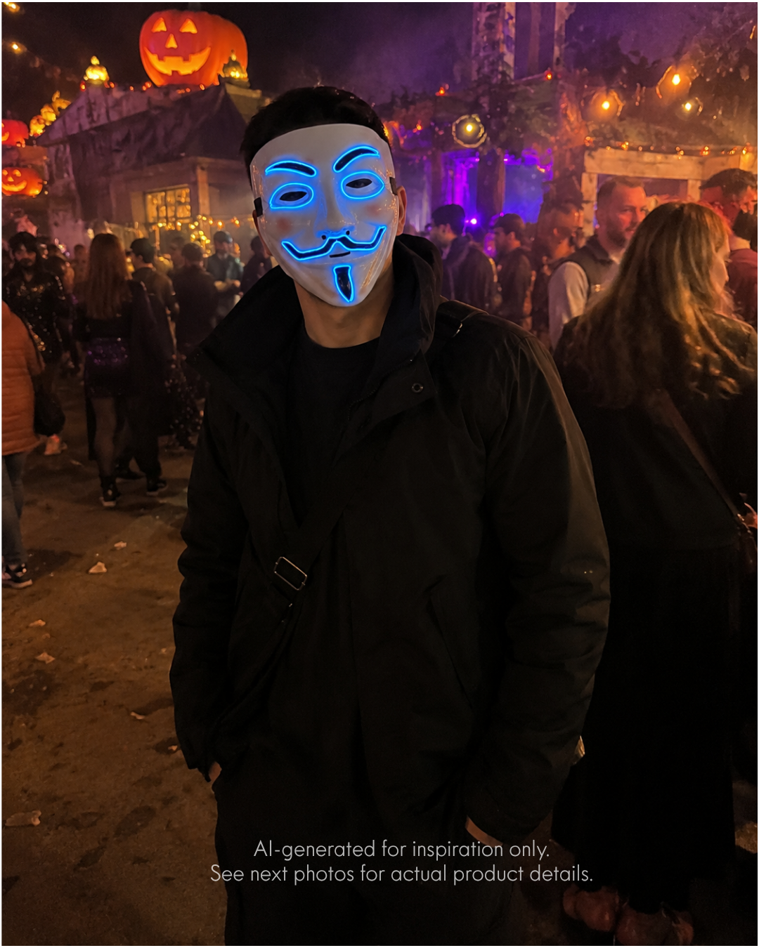 Blue Voltage LED light-up mask with glowing green eye, brow, smile, mustache, and chin details, replaceable battery, and three lighting settings.
