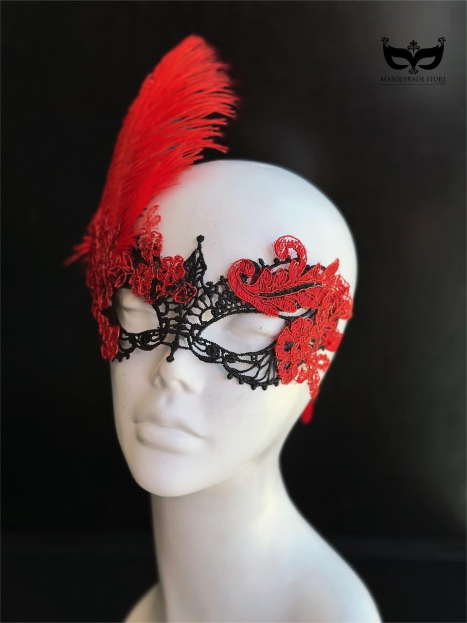 Crimson Plume – Red &amp; Black Lace Mask