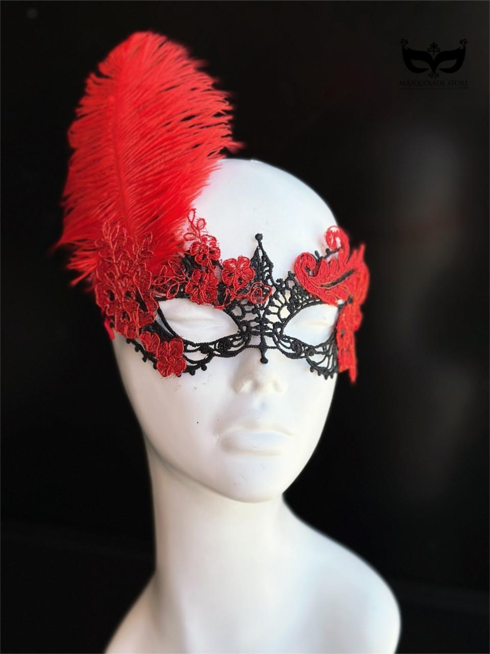 Crimson Plume – Red &amp; Black Lace Mask