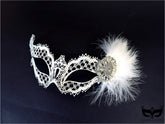 White metal masquerade mask with crystals and feather detailing for weddings and Venetian masquerade balls