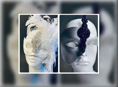 Elegant white and silver couples masquerade masks featuring a feathered and beaded women’s mask and a half-face silver men’s mask with black lace detail, perfect for weddings, Venetian balls, and formal events.