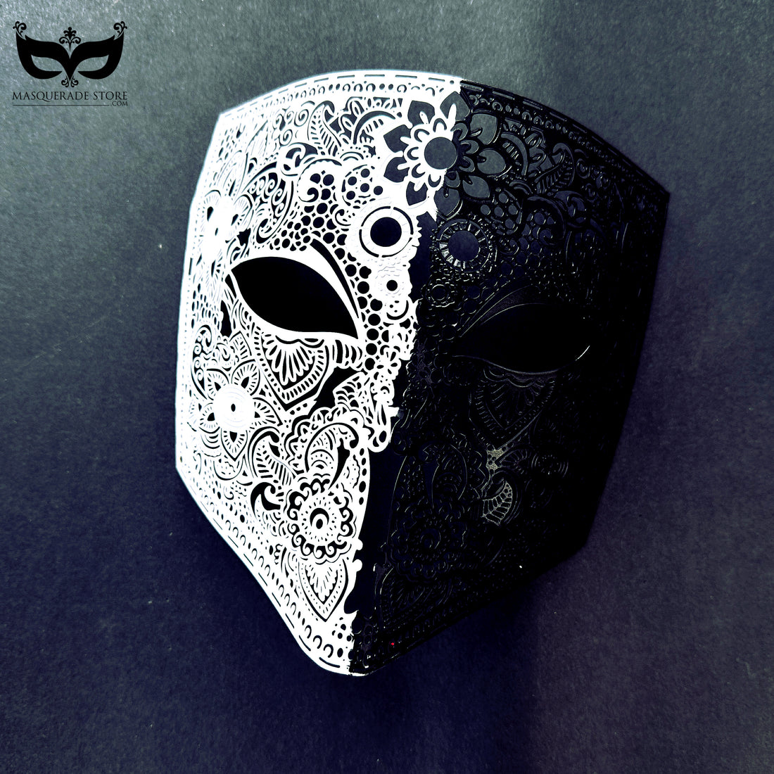 White and black Venetian square masquerade mask with floral cutout design, perfect for Halloween, gothic parties, cosplay, and costume balls.