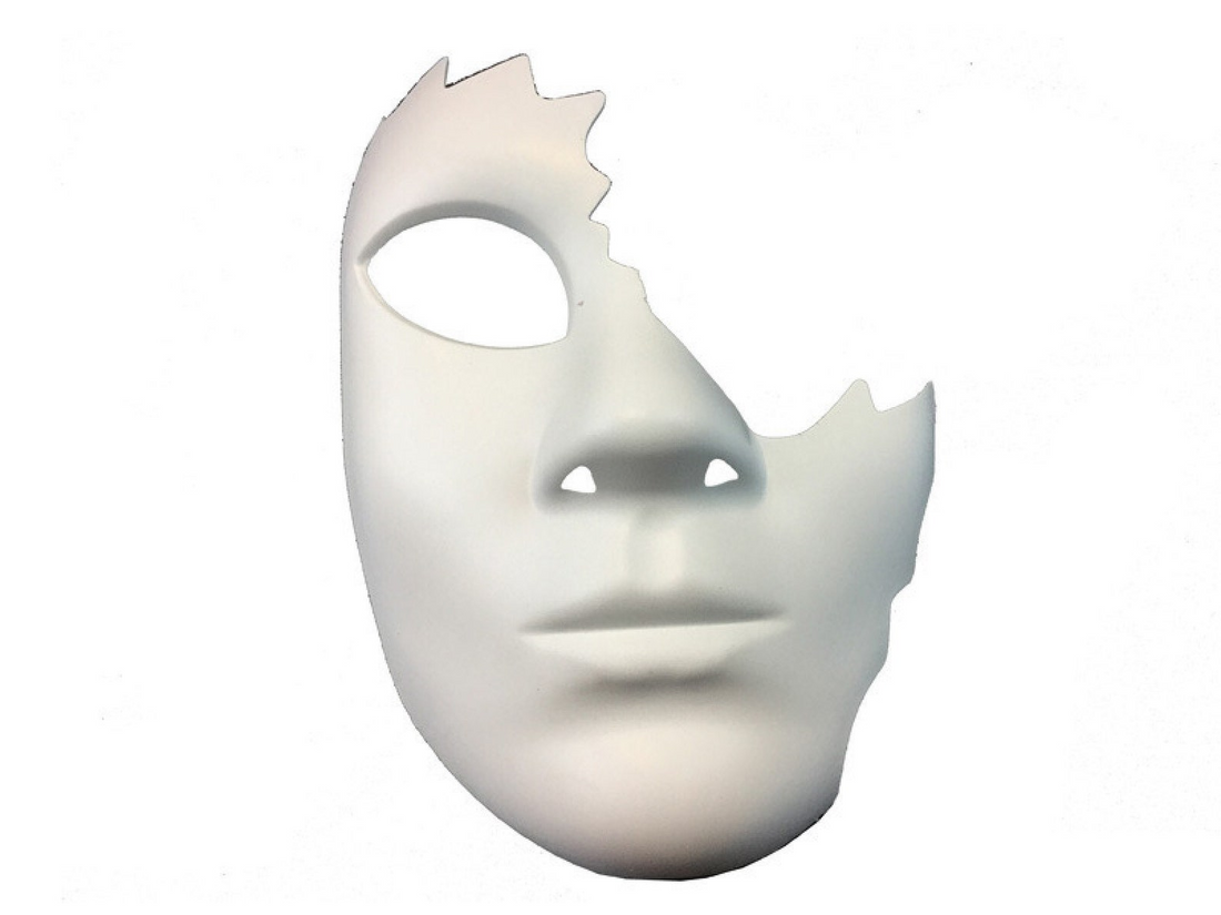 White broken phantom face masquerade half mask with jagged edge design for Halloween, Venetian Carnival, and gothic cosplay.
