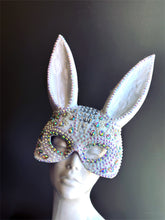 Sparkly white bunny ear masquerade mask with rhinestones and holographic gems, ideal for parties, raves, and masquerade balls.