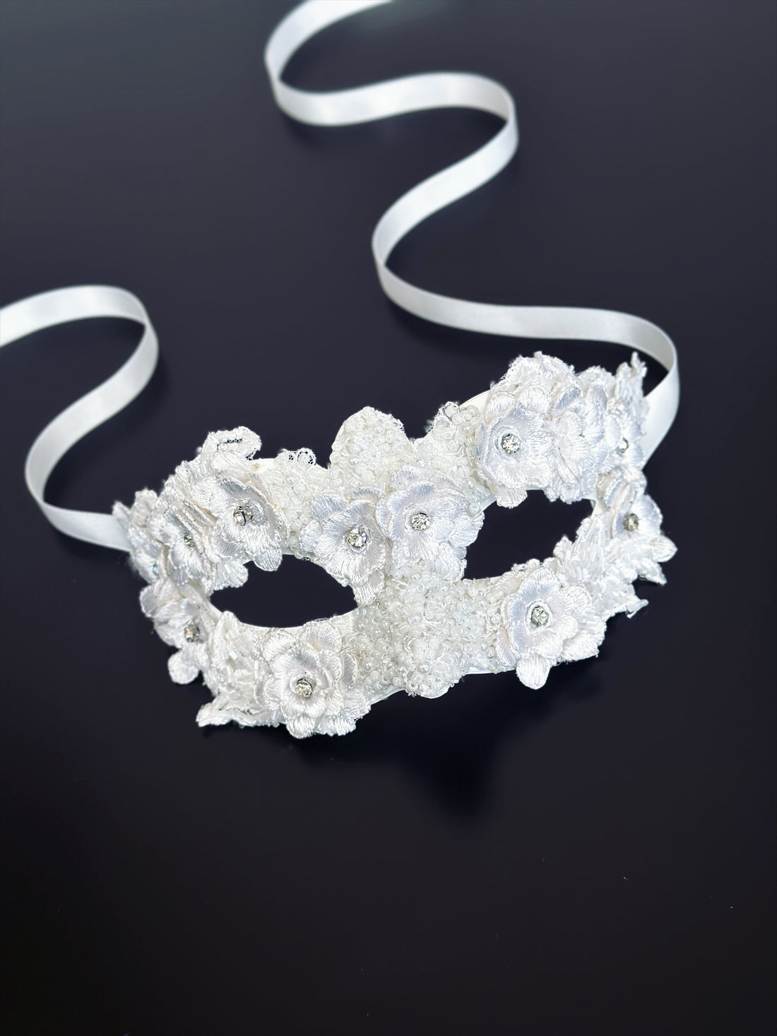 Elegant white floral lace masquerade mask with rhinestones, perfect for weddings, proms, and masquerade parties.