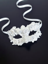 Elegant white floral lace masquerade mask with rhinestones, perfect for weddings, proms, and masquerade parties.