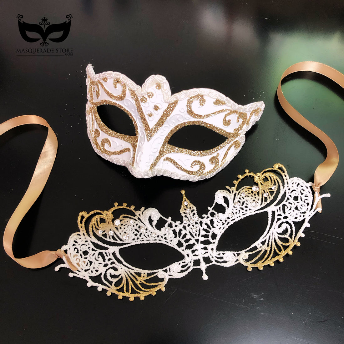 White and gold couples masquerade mask set with Venetian scrollwork and lace design, perfect for weddings, masquerade balls, and proms.