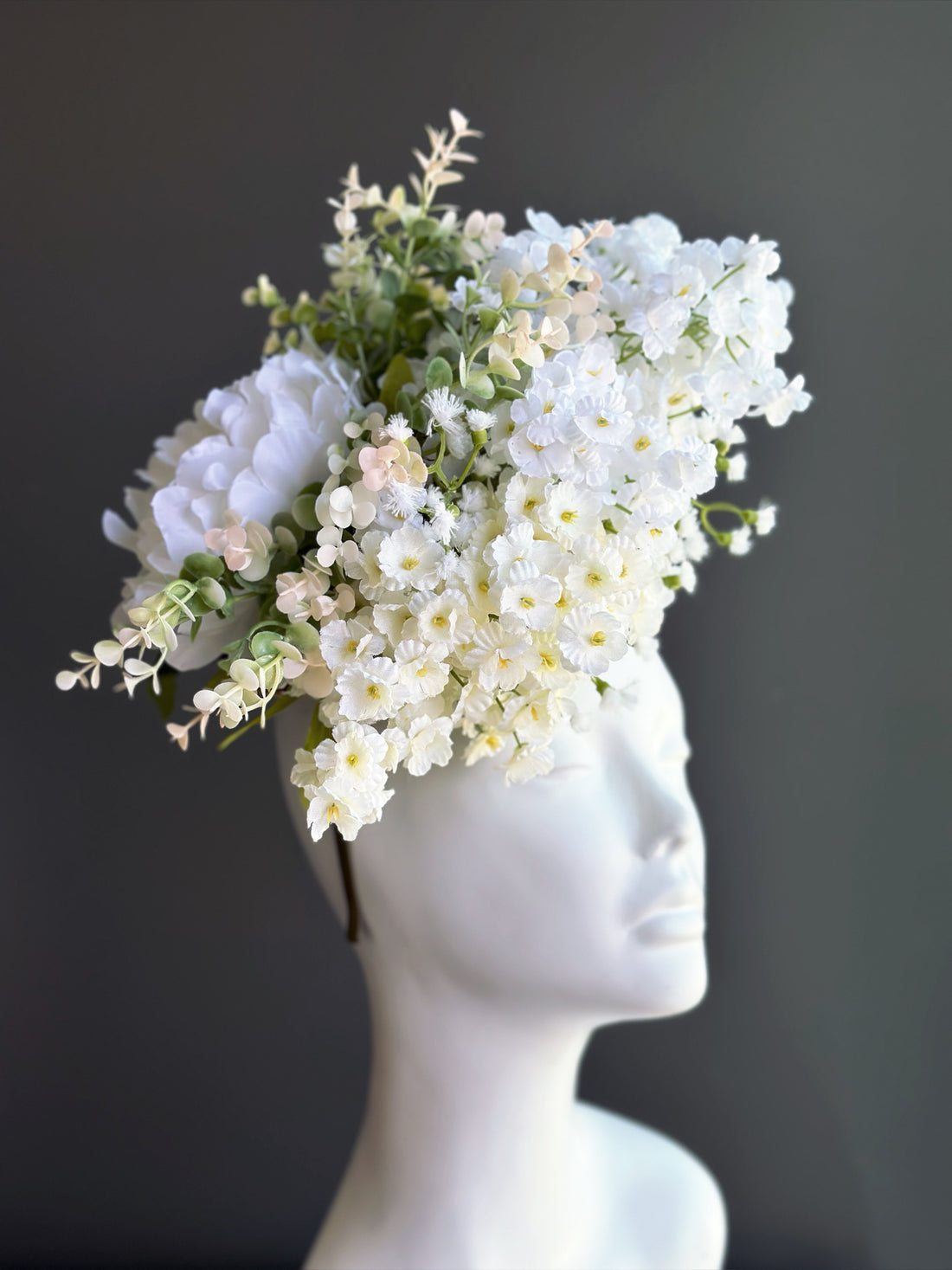 White and green floral fascinator hat with peony and hydrangea for weddings and derby occasions.