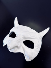 White Venetian masquerade mask with devil horns and long sculpted nose for Halloween, Carnival, cosplay, and gothic costumes.
