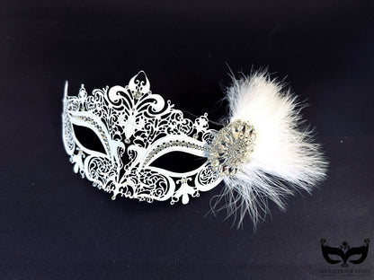 White metal masquerade mask with rhinestones and feather accent for weddings, masquerade balls, and Venetian parties