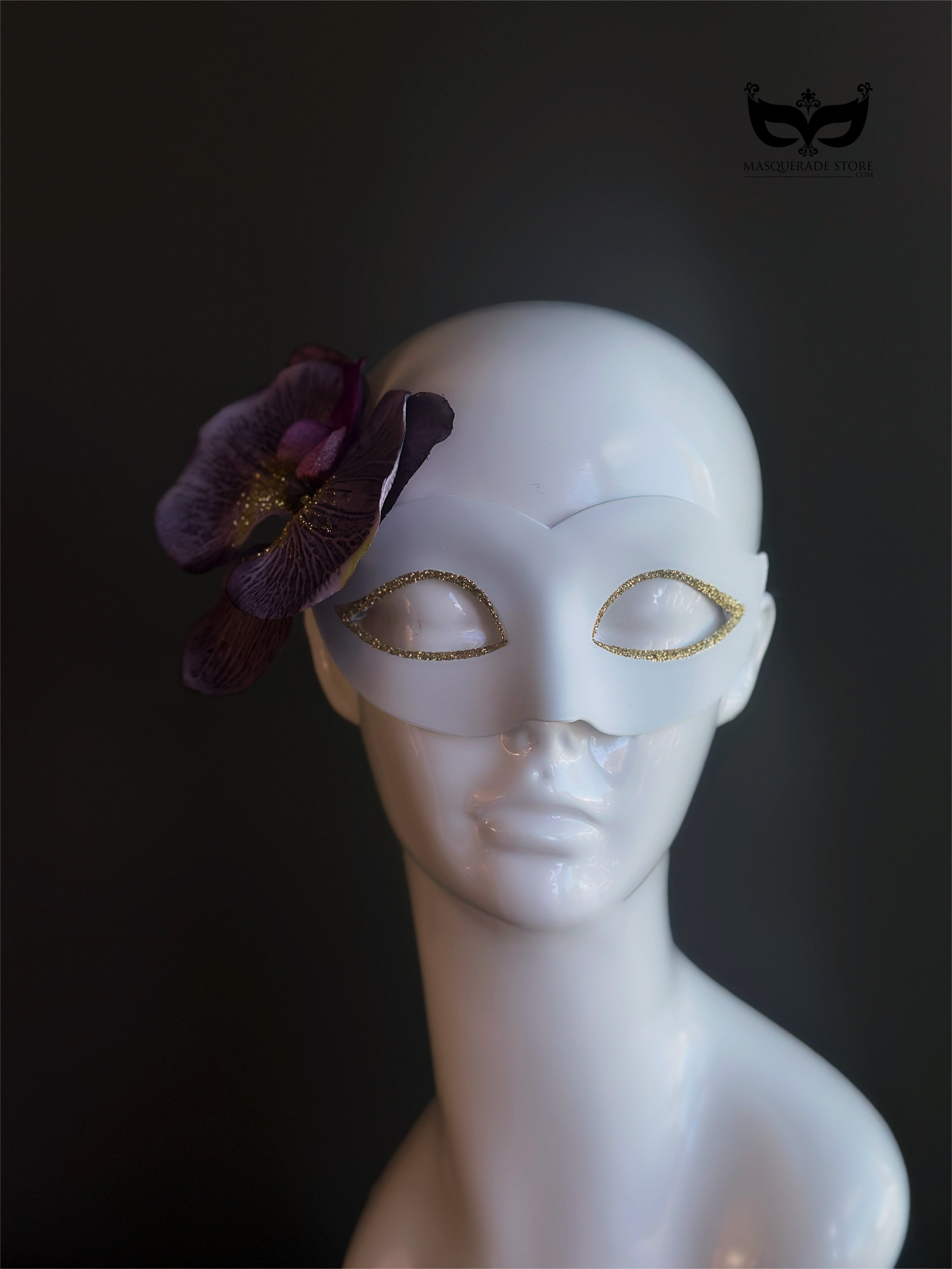 White matte masquerade mask with purple orchid detail for elegant formal events.